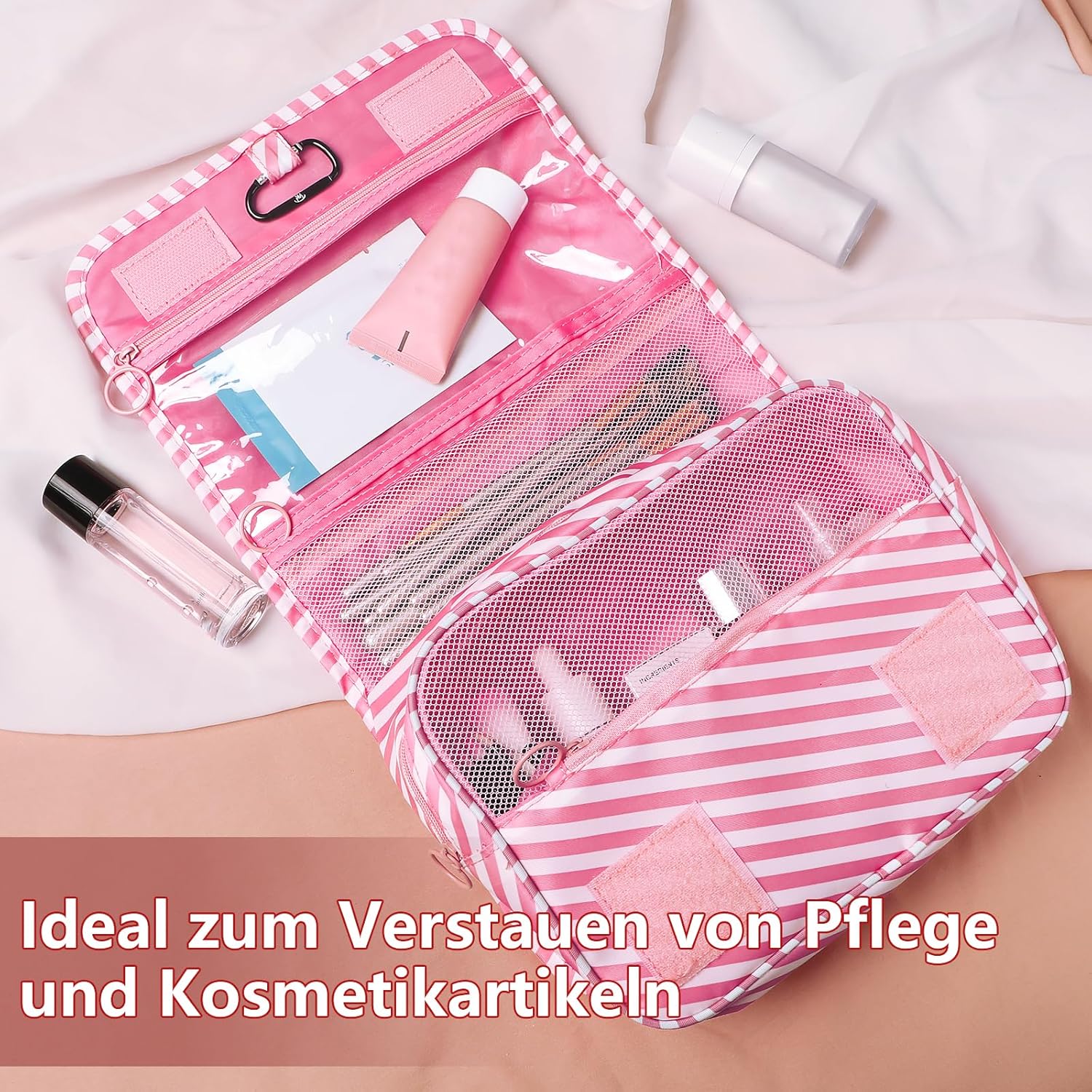 Detalle de Kulturtasche Damen mit Karabinerhaken – Aufhängbare Reisekulturbeutel in Rosa
