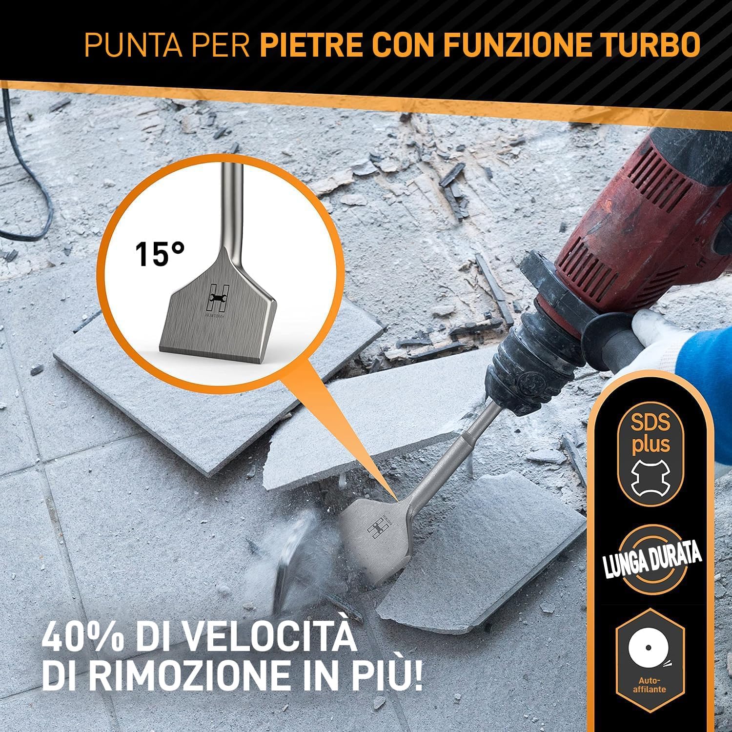 Thumbnail 1 de HARDTWERK Scalpello per piastrelle Turbo SDS Plus 165 x 75 mm (piatto lungo per rimuovere piastrelle e colla)