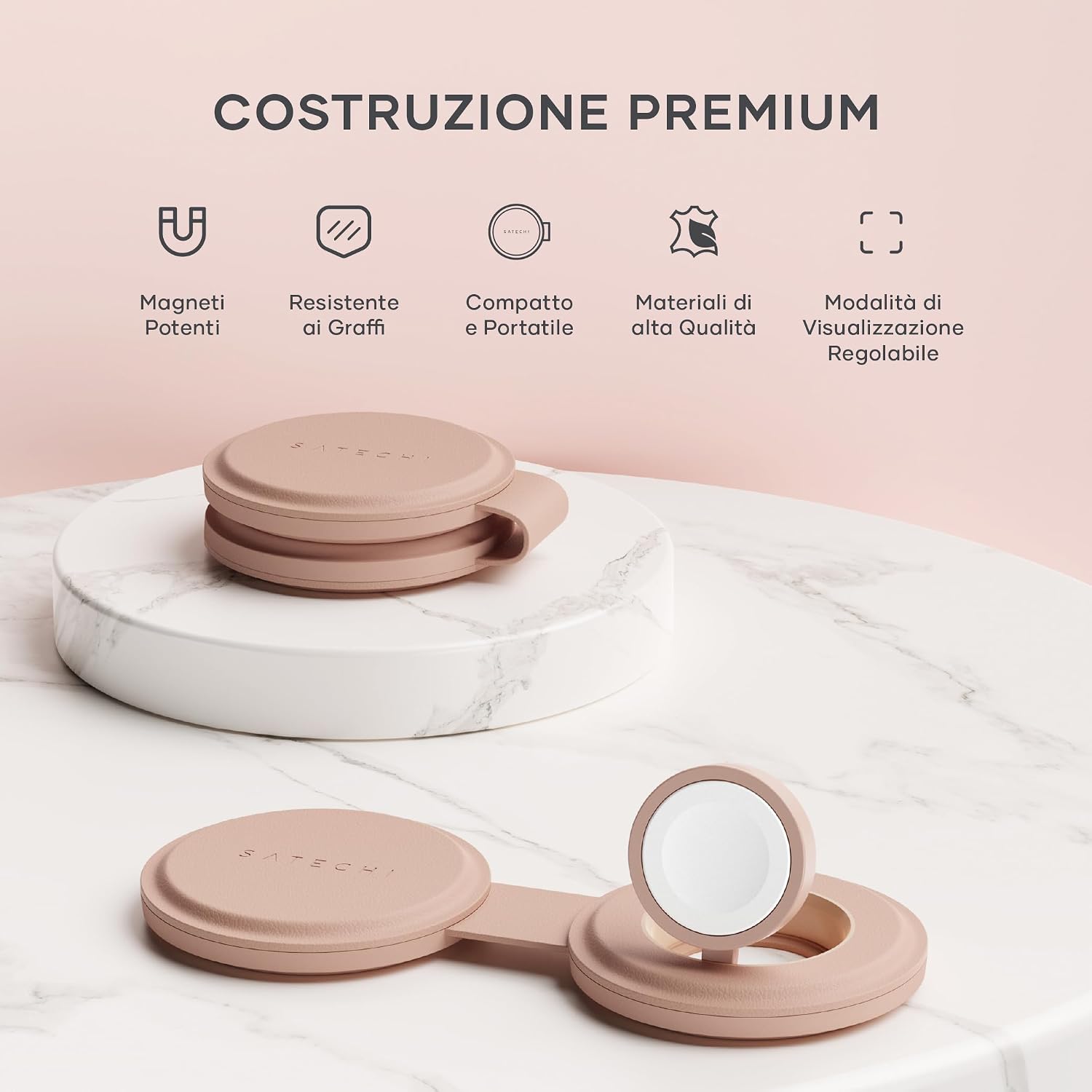 Detalle de SATECHI OntheGo 2-in-1 Caricatore Wireless Pieghevole: ricarica rapida Qi2 per iPhone e dispositivi Apple in viaggio
