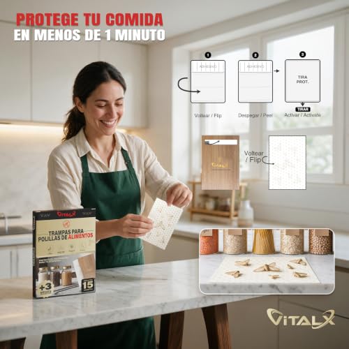 Detalle 2 de VITALX Pack Ahorro 15 Trampas Polillas de Alimentos – Sin Tóxicos, Seguridad para Despensa y Cocina
