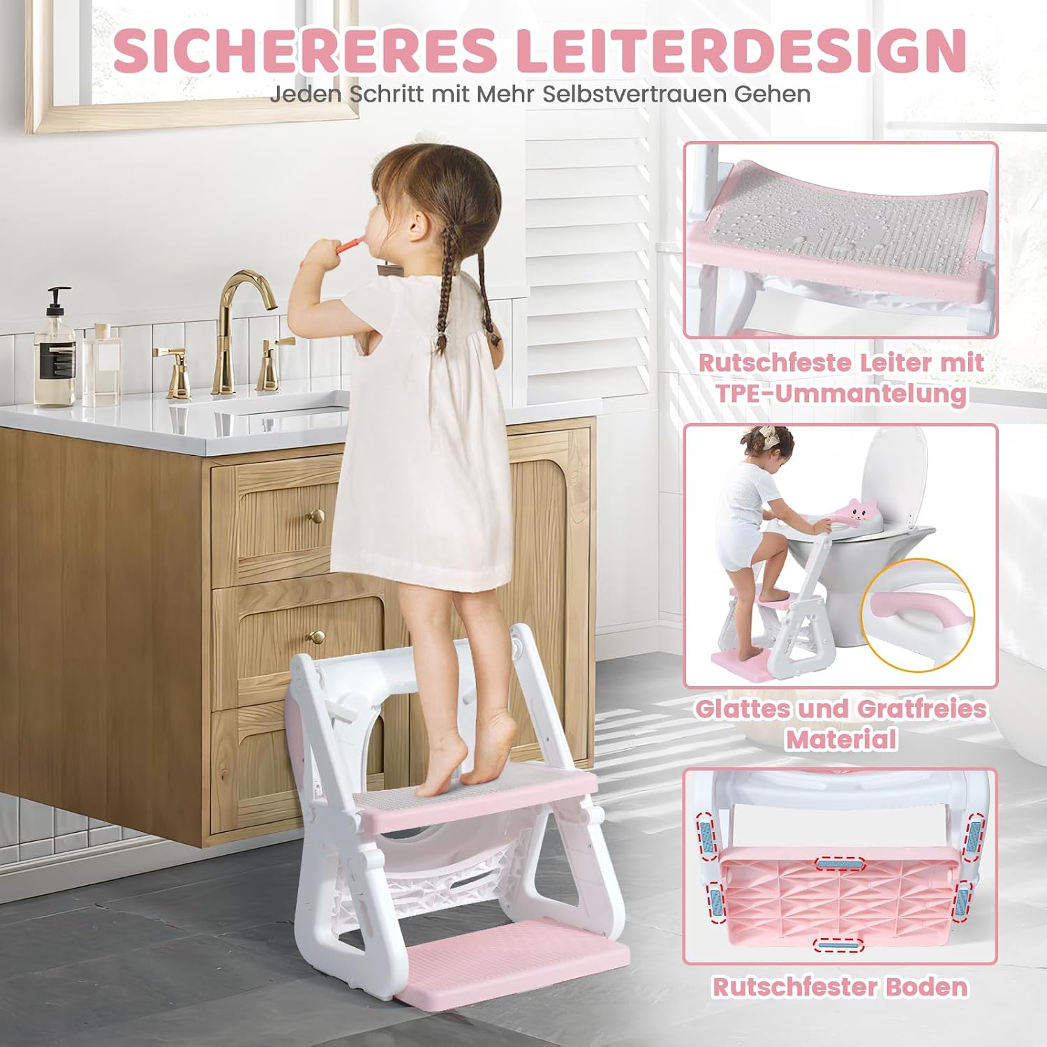 Detalle de Orzbow Kinder-Toilettensitz mit Treppe: stabiler Aufsatz mit Spritzschutz (rosa)