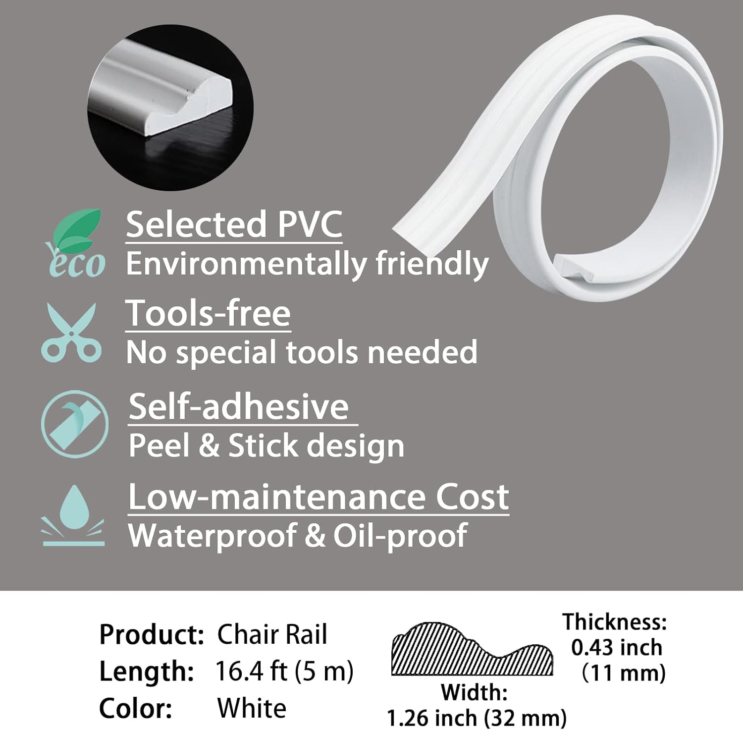 Thumbnail 3 de Gaahing Wall Molding Trim & Chair Rail, Peel and Stick Self-Adhesive 5m x 32mm – White
