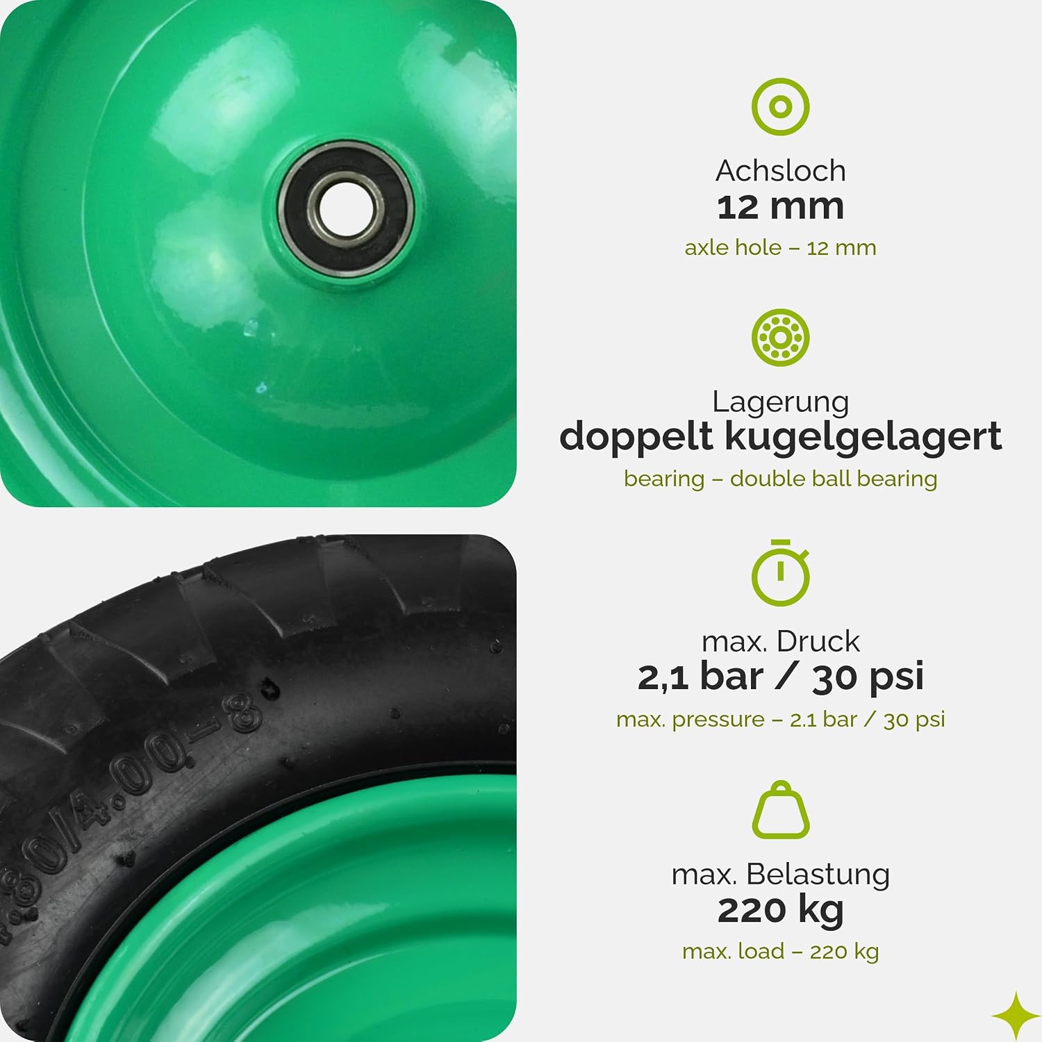 Detalle de Garronda Ersatzrad Schubkarre 4.80/4.00-8 Ø390 mm – Luftreifen 4PR, Tragkraft 220 kg, Achse & Kugellager, Grün-Schwarz