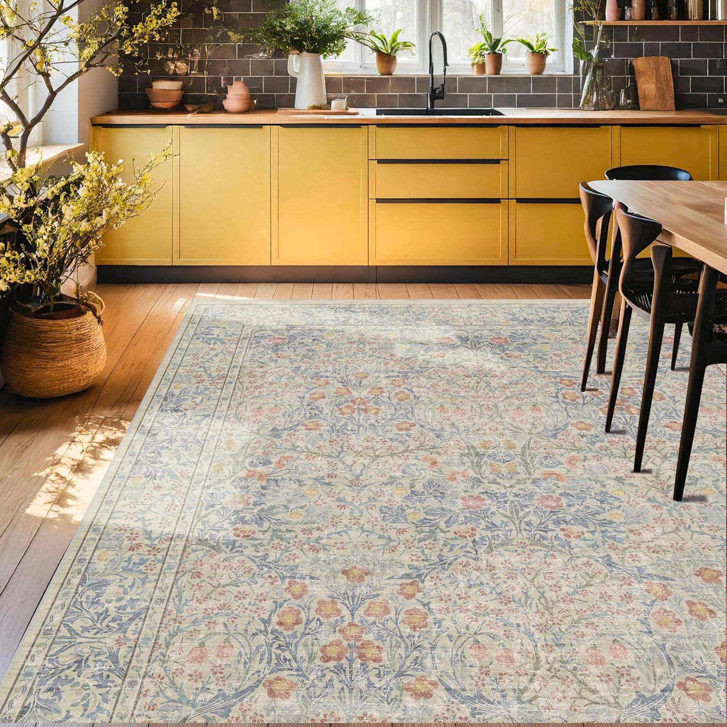 Thumbnail 4 de Washable Light Blue Bedroom Rug, 9x12 – Vintage Floral Design with Non-Slip Backing