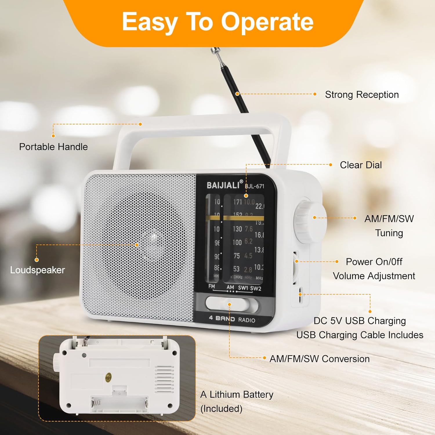Thumbnail 4 de BAIJIALI BJL-671 AM/FM/SW Portable Radio with USB-C Charging and 5W Speaker