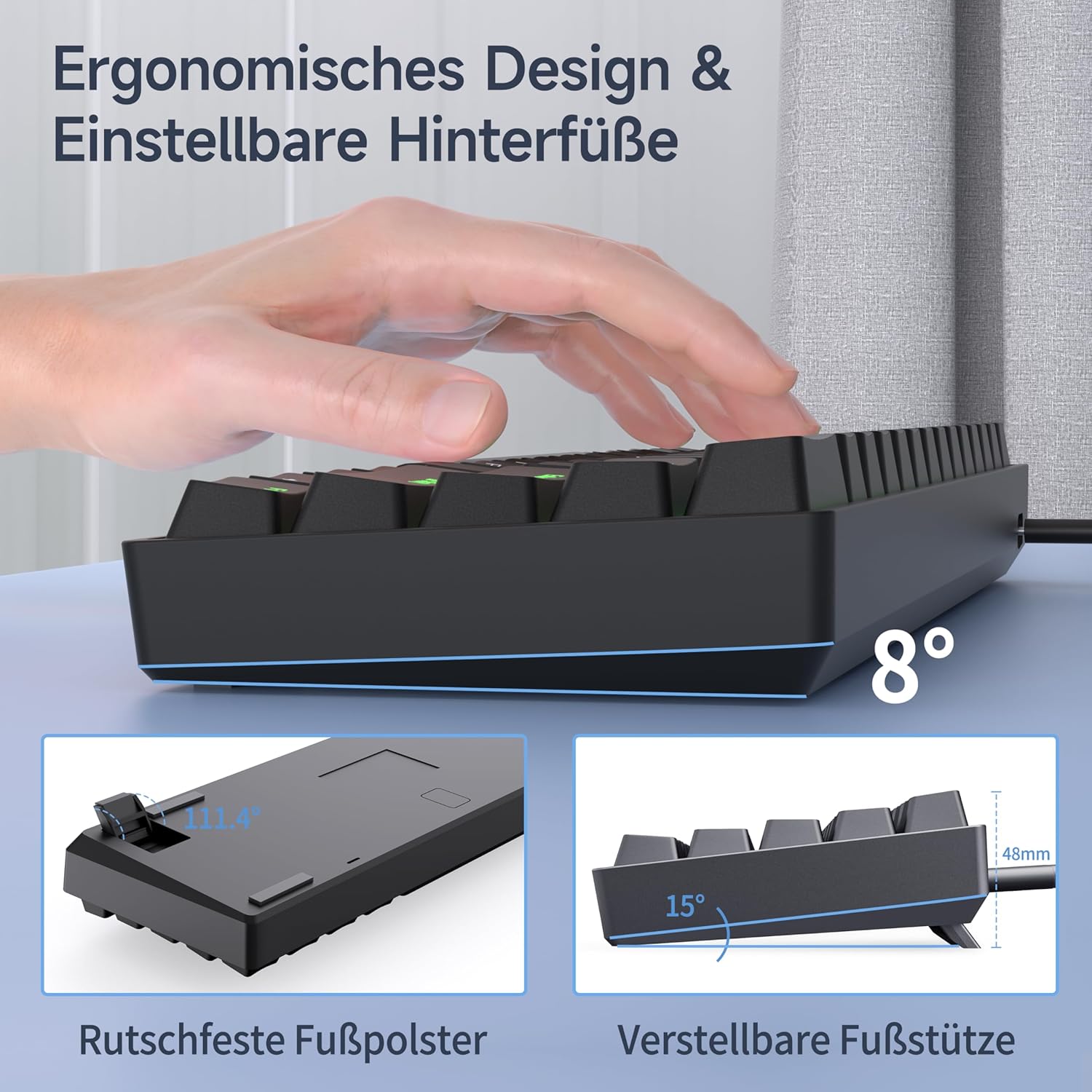 Detalle de TMKB T61SE Gaming Mechanische Tastatur mit Deutsches QWERTZ Layout, Blauer Schalter, Schwarz