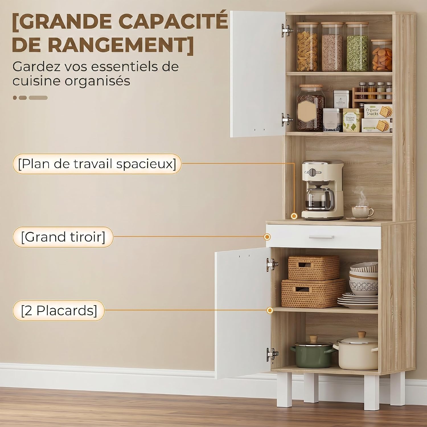 Thumbnail 3 de HOMCOM Buffet Haut Cuisine – Armoire de Cuisine 55x40x174 cm, blanc et bois naturel