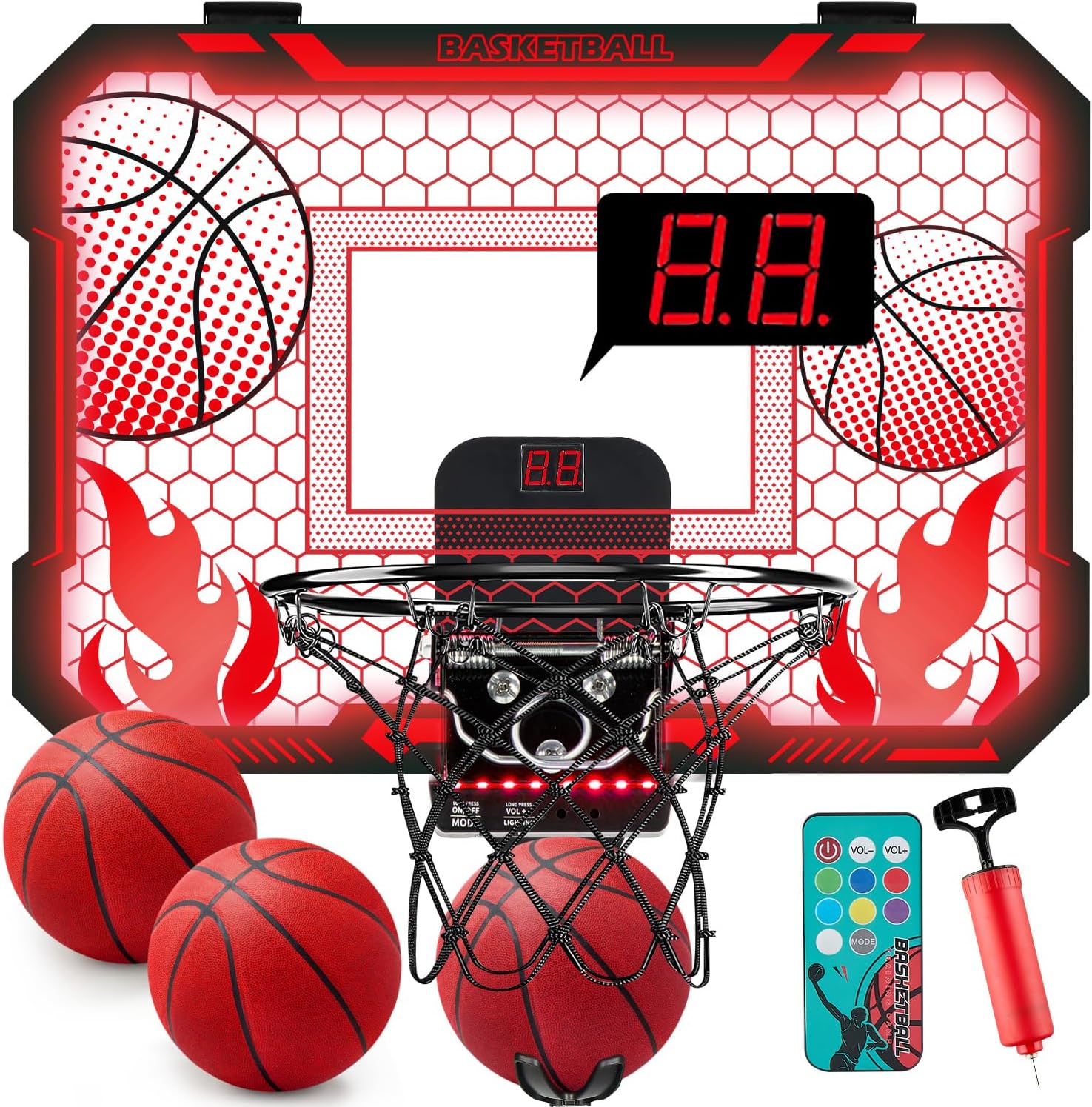 Detalle de VROGTIK Indoor Basketball Hoop for Kids with LED Lights — Over-the-Door Mini Hoop with Scoreboard