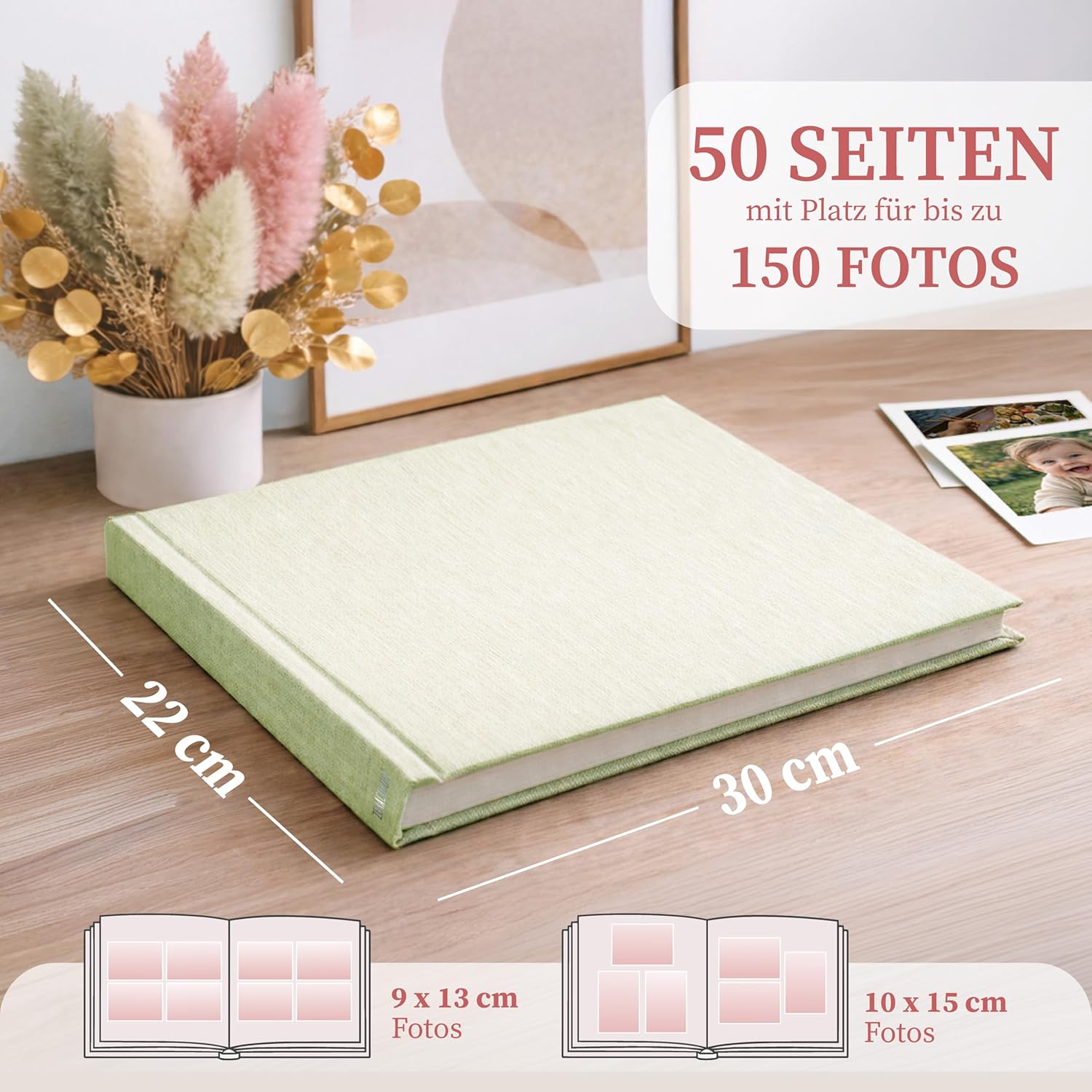 Detalle de Zenacolor Fotoalbum zum Selbstgestalten (Fotobuch 30x22 cm, Grün) – 50 weiße Seiten & Platz für 150 Fotos aus echtem Leinen
