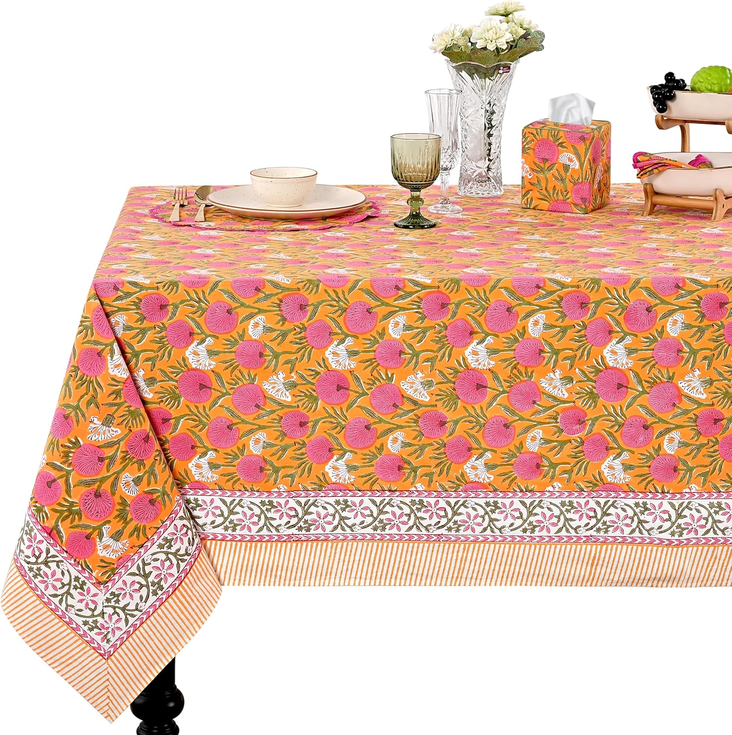 Detalle de Ridhi Bubblegum Pink Hand Block Print Cotton Rectangle Tablecloth — 108" x 70