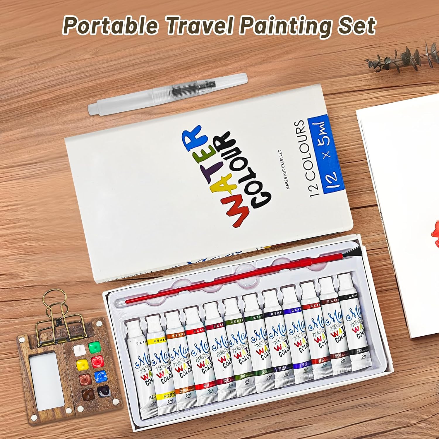 Detalle 2 de 5 Pcs Portable Watercolor Palette (8 grids) travel watercolour set with foldable wooden lid and sketchbook