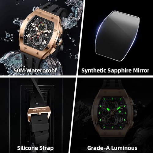 Detalle de TSAR BOMBA 8224 Series Men’s Watch – Tonneau, Black, Rose Gold, Sapphire Chronograph