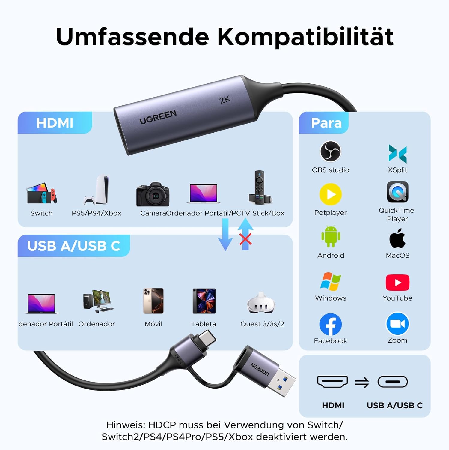 Thumbnail 3 de UGREEN Video Capture Card – USB 3.0 HDMI auf USB-C/A, 4K Eingang bis 2K30Hz, Plug & Play
