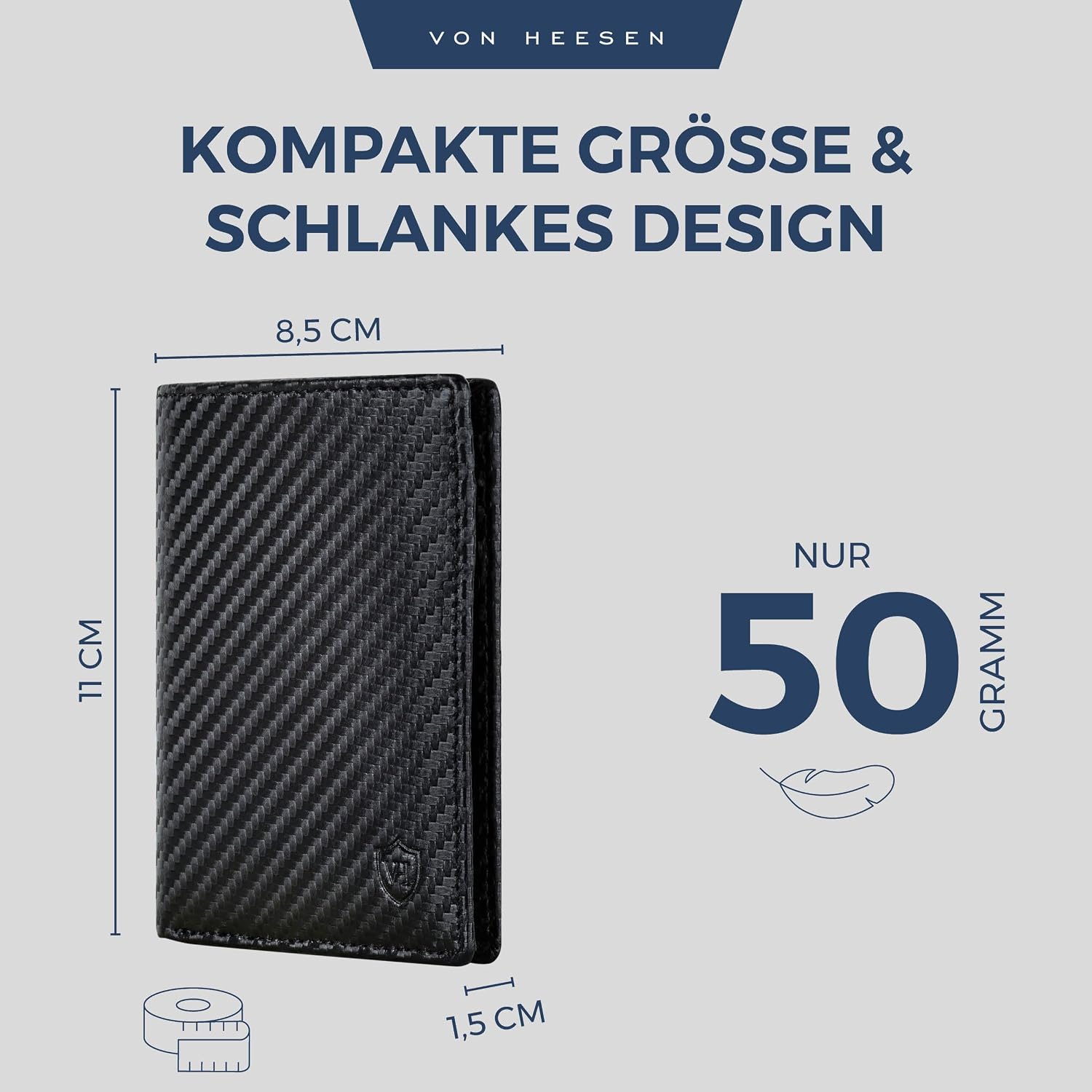 Detalle 2 de VON HEESEN Herren-Leder-Geldbörse Carbon-Schwarz mit RFID-Schutz