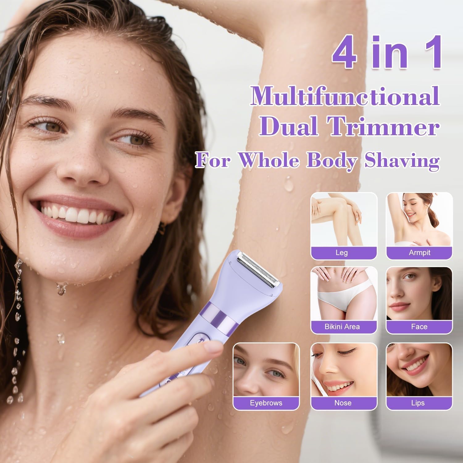 Thumbnail 5 de Hatteker 4-in-1 Women’s Electric Razor (Dual-Head) for Bikini, Legs, Face, Nose & Eyebrows, IPX7 Waterproof Rechargeable, Purple