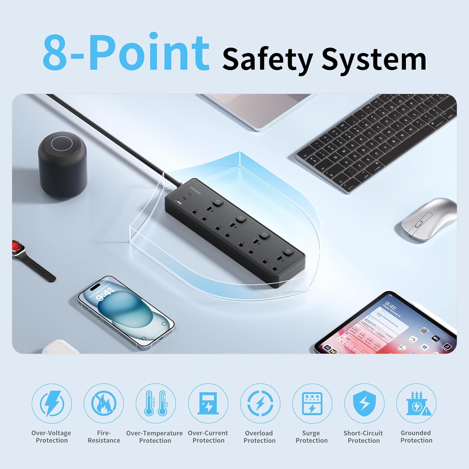 Thumbnail 4 de Extension Lead with 3 USB Slots (30W) and 4-Way Sockets, 3M Wall-Mountable Surge Protected Power Strip