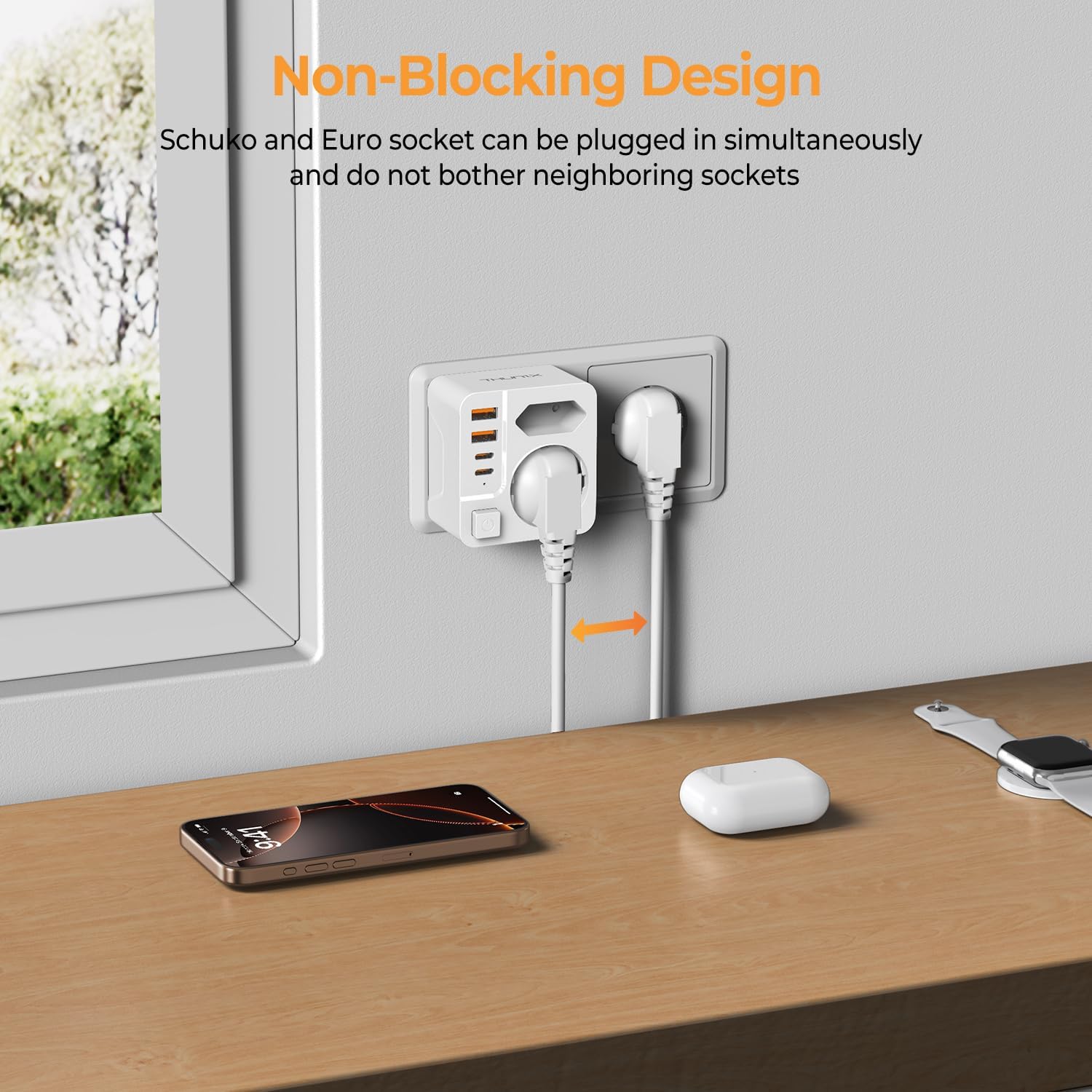 Detalle de THUNIX Doppelstecker für Steckdose – 6-in-1 USB-C PD 20W, kompakt, 2x USB-C + 2x USB-A, 4.000 W