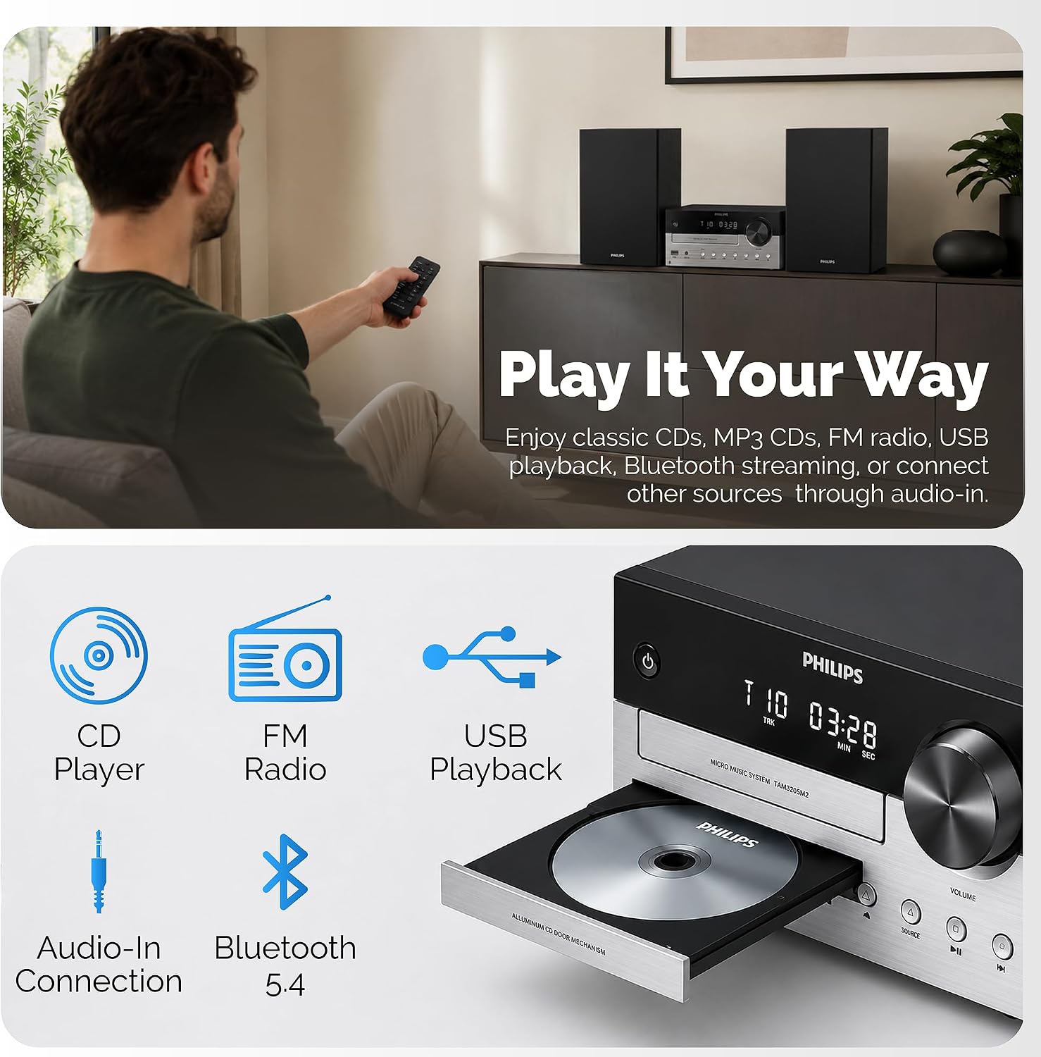 Thumbnail 6 de PHILIPS Bluetooth Stereo System Home CD Player with USB, FM Radio, Bass Reflex Speakers (60W) + Remote