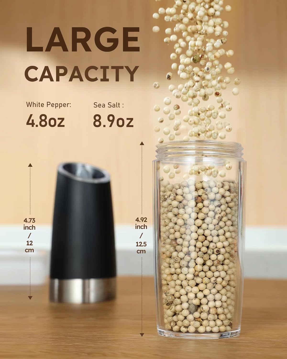 Detalle de Sangcon Gravity Electric Salt and Pepper Grinder Set (Rechargeable, Adjustable Coarseness, LED Light, 9OZ XL Capacity)
