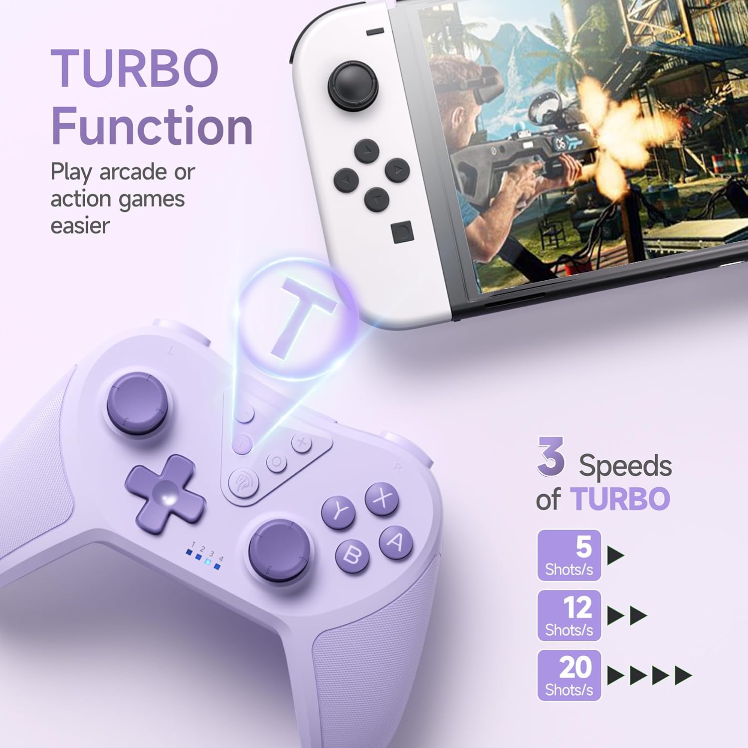 Detalle de EasySMX Controller for Switch Pro – Bluetooth Wireless, 6-Axis, 4 Programmable Back Buttons, Purple