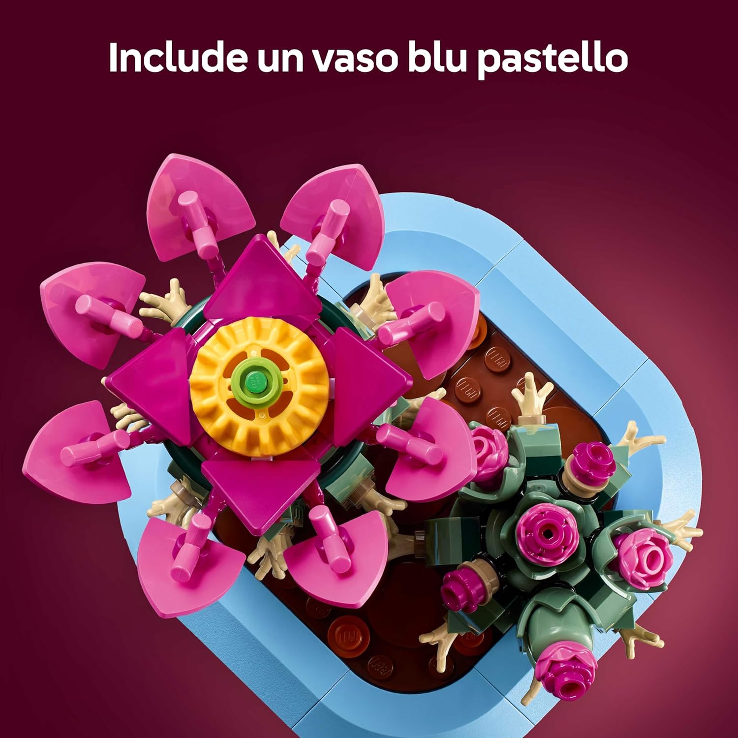 Detalle de LEGO Botanicals Cactus in Fiore – Pianta artificiale con 2 cactus e fiori finti in vaso blu pastello