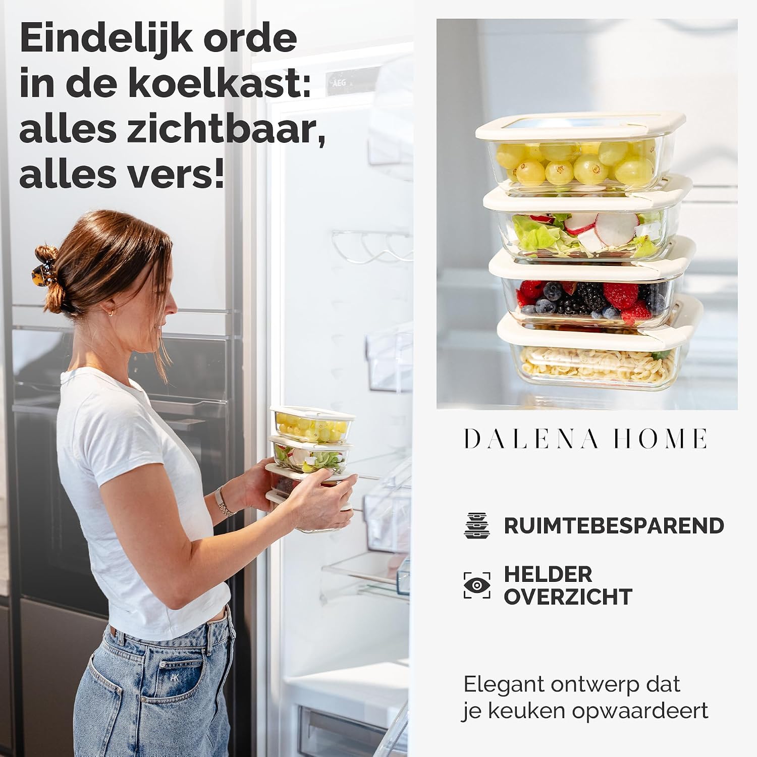 Detalle 2 de Dalena Home glazen vershoudbakjes 4 x 370 ml met glazen deksel