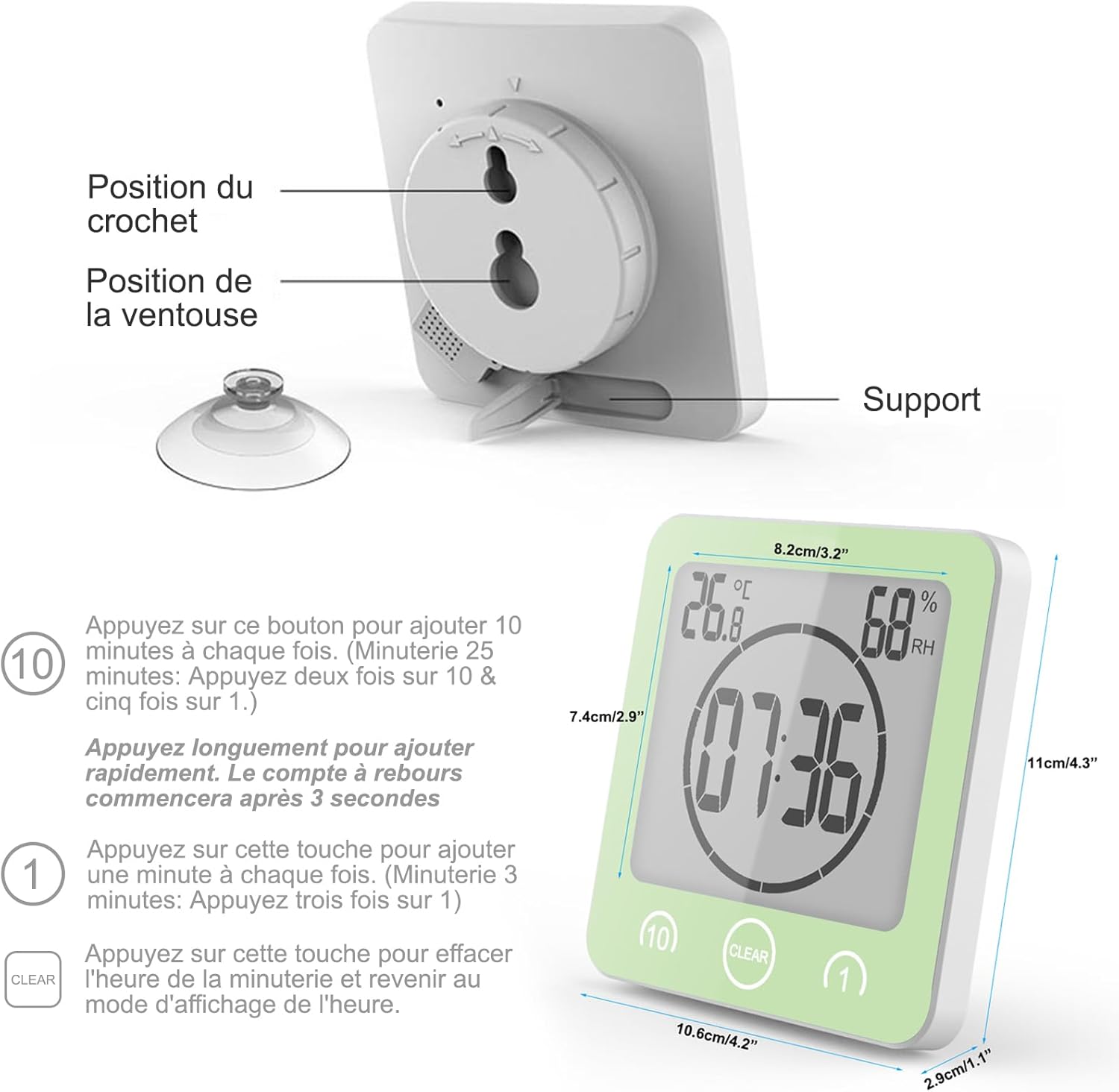 Thumbnail 4 de Horloge de salle de bain VORRINC étanche à contrôle tactile (LCD) avec thermomètre/hygromètre et minuteur