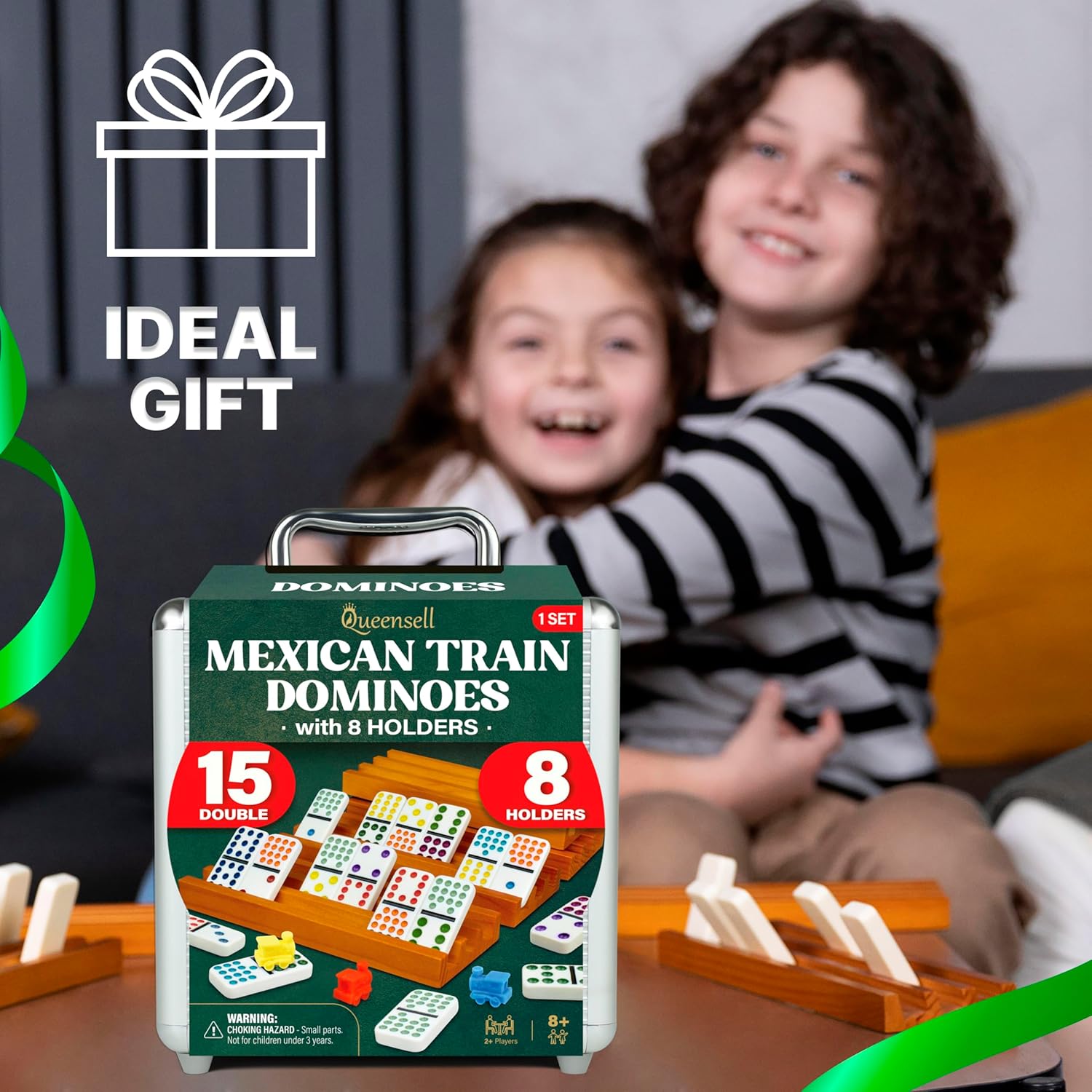 Detalle 2 de Queensell Mexican Train Double-15 Dominoes Set (136 Tiles) with 8 Wooden Holders and Hub