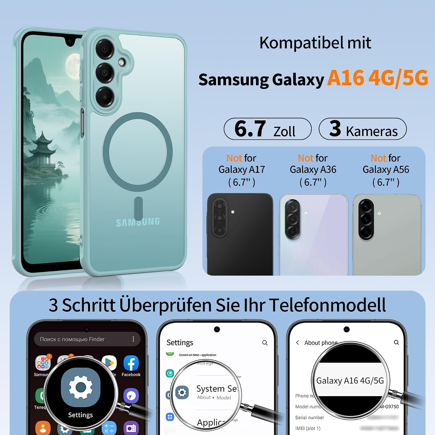 Detalle de Jshru Hülle für Samsung Galaxy A16 4G/5G – Militärstoßfest, MIT 2 Panzer-Schutzglas, MagSafe-kompatibel, Mintgrün