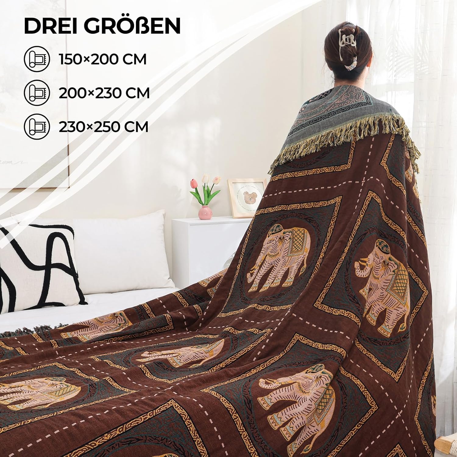 Thumbnail 6 de HOORDRY Boho Musselin-Decke aus 100% Baumwolle (doppelseitig) 200x230 cm – Elefantenaufdruck in Braun