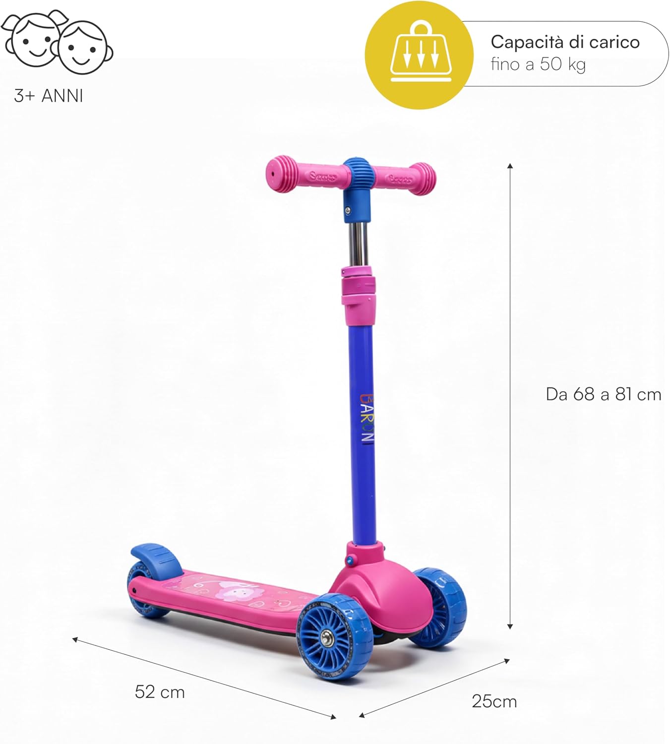 Detalle de Baroni Toys Monopattino a 3 Ruote LED per Bambini dai 3 Anni – Manubrio Regolabile e Freno Posteriore