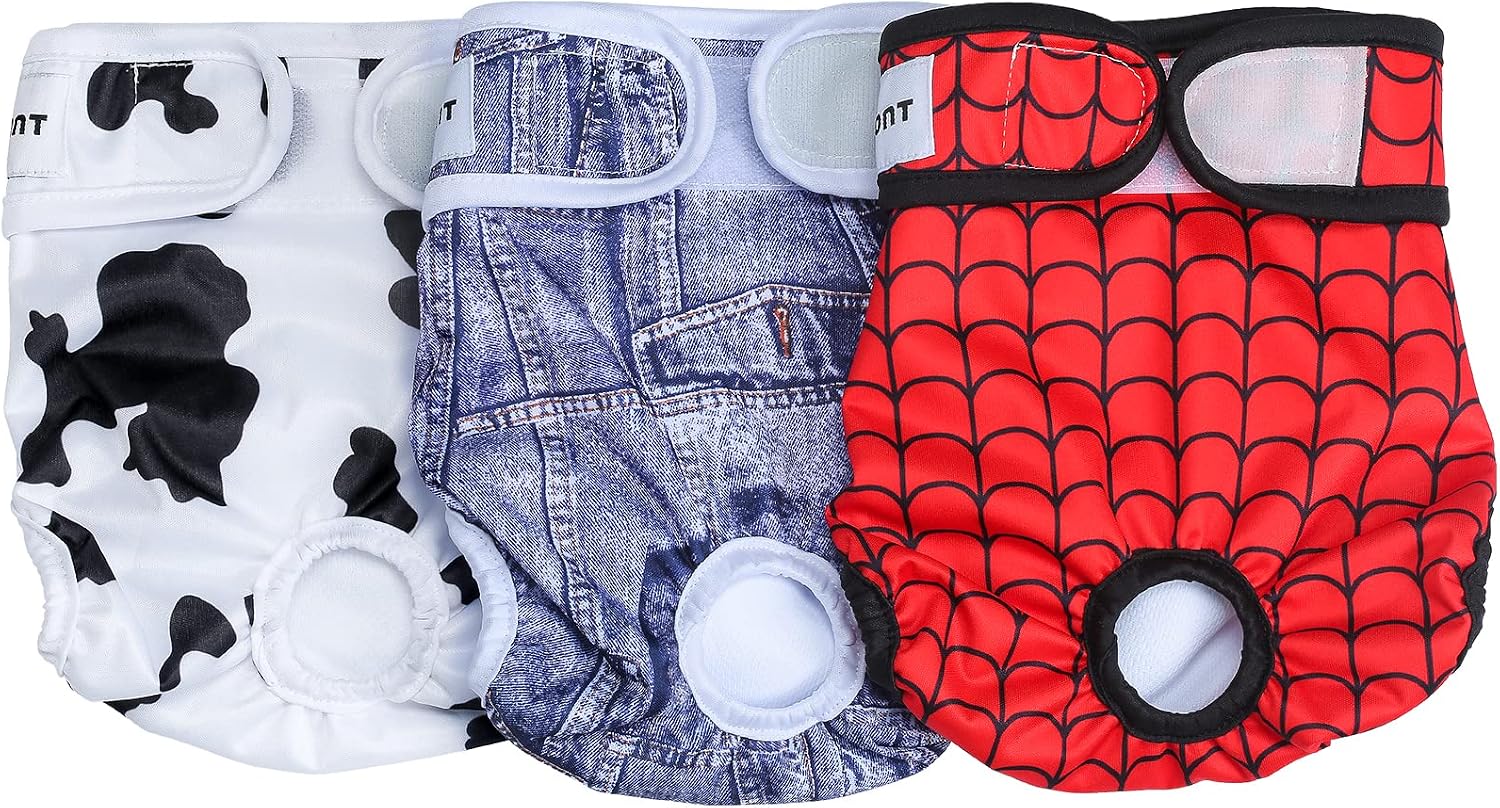 Detalle de Avont 3 Pack Reusable Dog Diapers, Small – Highly Absorbent Washable Wraps for Female Dogs (Red/Blue/White, S)