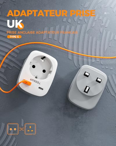 Thumbnail 1 de TESSAN lot de 2 adaptateurs UK Type G avec USB-C, USB-A et prise Schuko