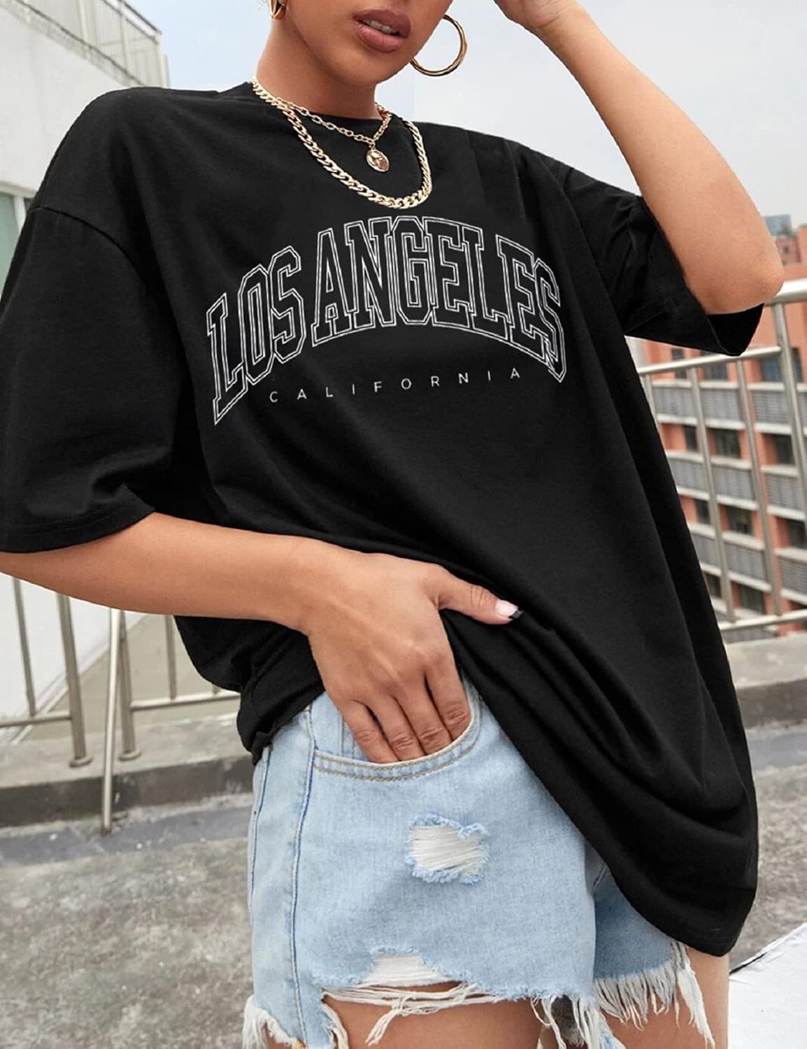 Thumbnail 1 de TOMEEK T-Shirt da Donna Girocollo Manica Corta Oversize in Cotone – Stampa Alphabet Los Angeles