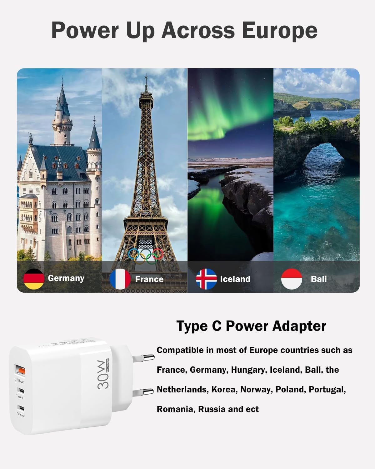 Thumbnail 4 de 2 Pcak UK to European Plug Adapter: 3-in-1 Travel Charger with 2 USB‑C and 1 USB‑A (UK to EU)