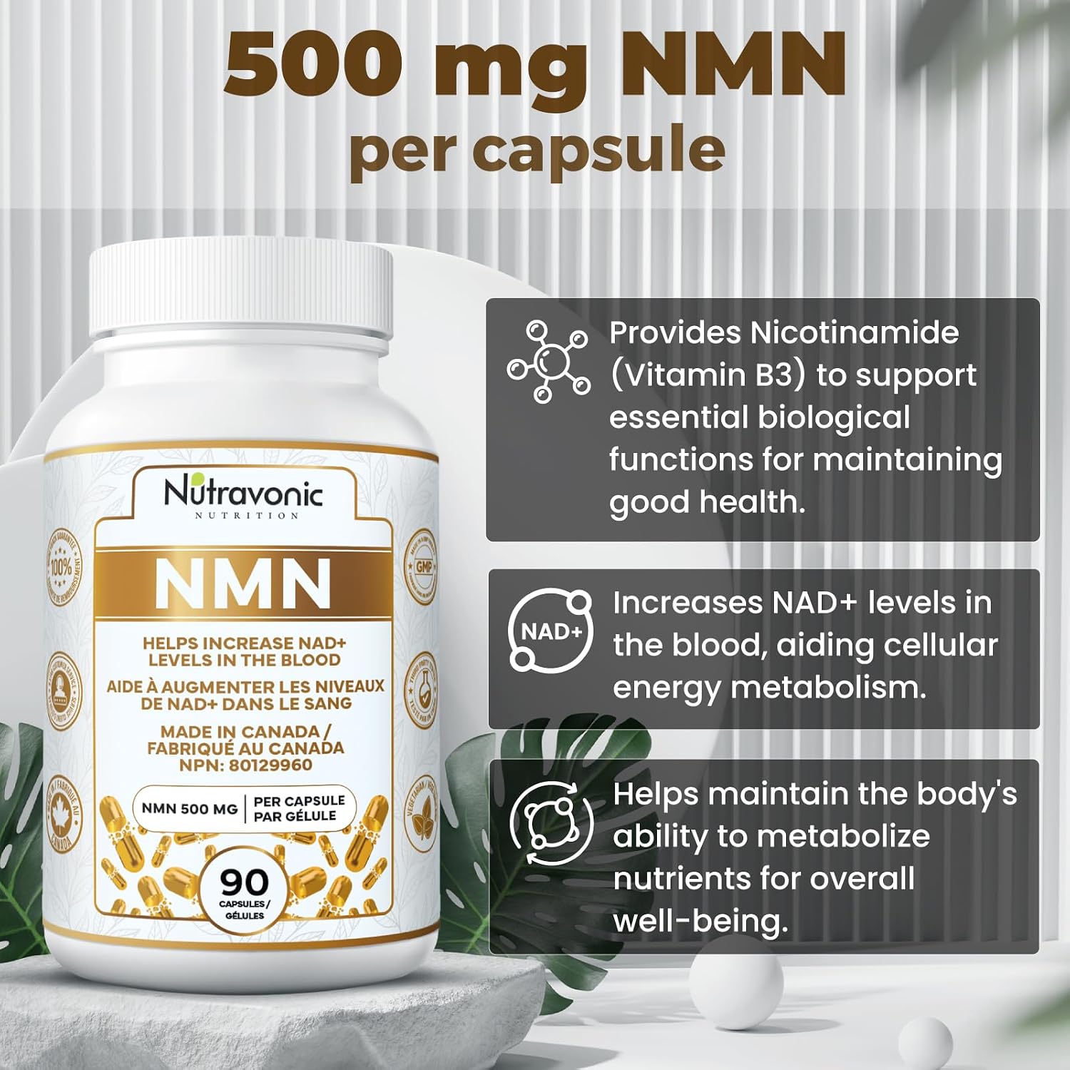Detalle de Nutravonic Nutrition NMN 500 mg Capsules, 99%+ Pure, Vegan, 90 Count