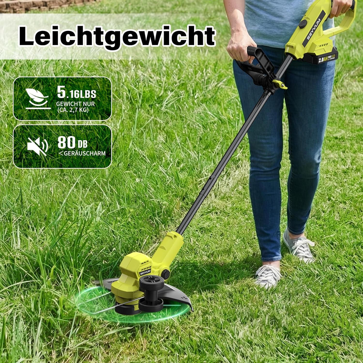 Thumbnail 4 de Akku-Rasentrimmer, Elektro Rasentrimmer mit 2× 2000 mAh Akkus und Ladegerät – 850 W, Schnitthreite 300 mm