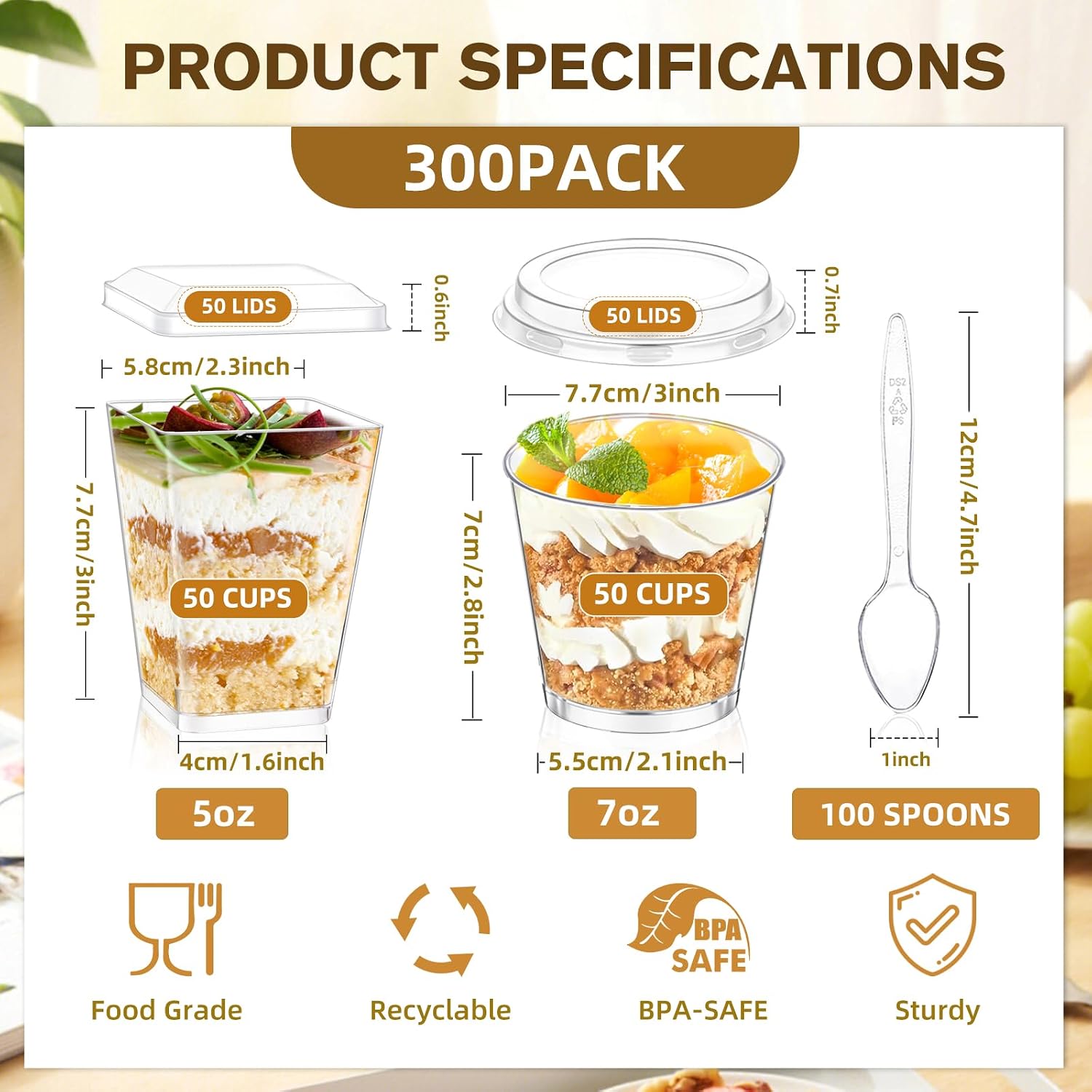 Detalle 2 de DI QIU REN Clear Dessert Cups, 7 oz Round and 5 oz Square, with Lids & Spoons
