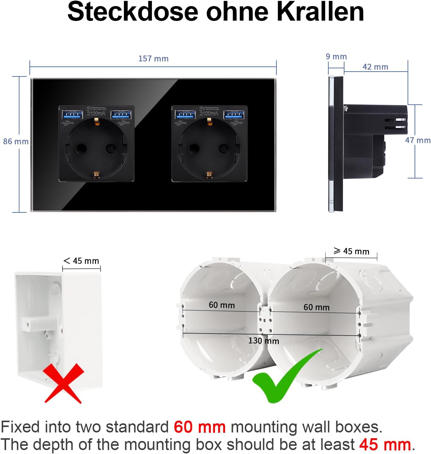 Detalle 2 de Glas Doppelsteckdose mit USB bis 2,1 A