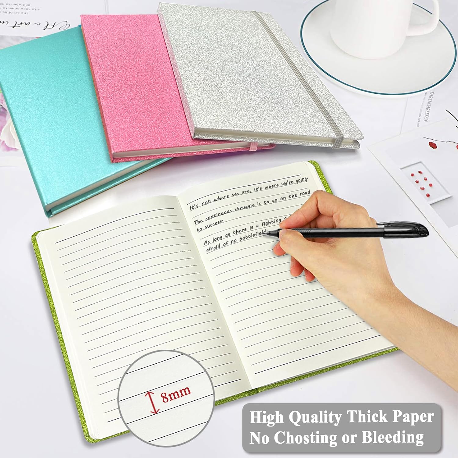 Detalle de GINMLYDA BD32 Silver Glitter A5 Notebook, 160 Lined Pages, Hardcover