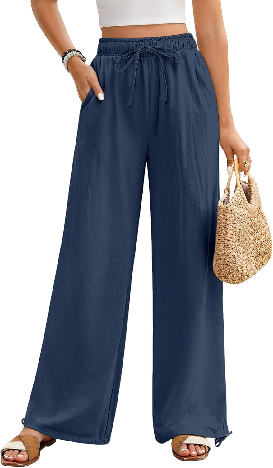 Thumbnail 6 de Niwicee Pantaloni donna estivi in cotone 100% con coulisse e tasche, palazzo larghi leggeri