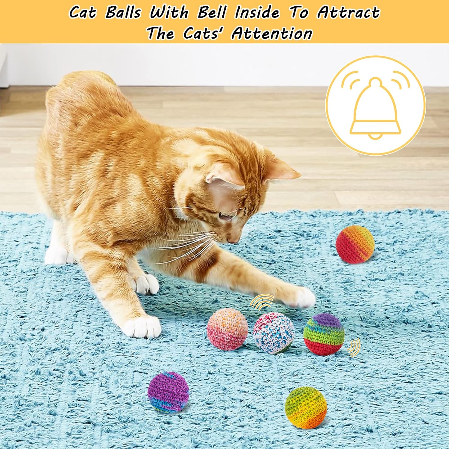 Detalle de Retro Shaw Cat Ball Toys 6 Pack, Crochet Wool Yarn Balls with Bells