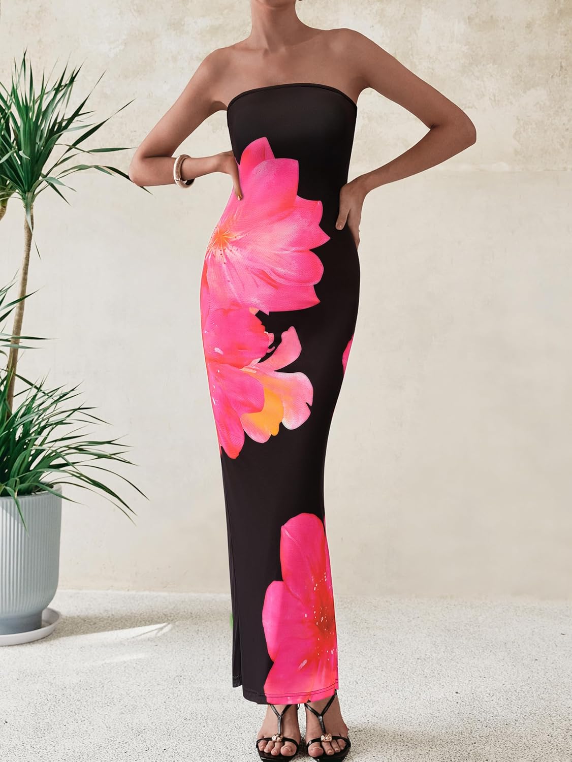 Detalle de PRETTYGARDEN Women Strapless Floral Mesh Maxi Dress with Bodycon Fit and Slit