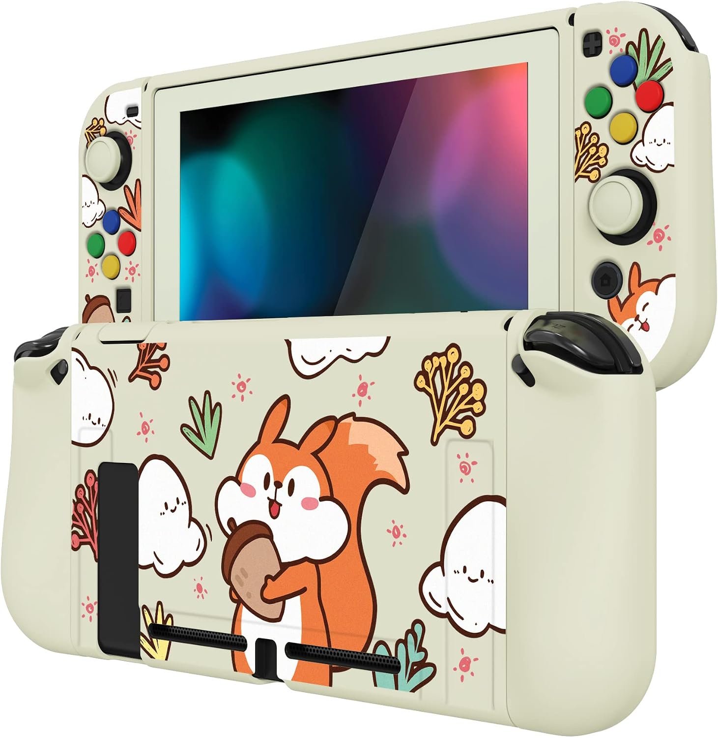 Detalle de PlayVital ZealProtect Soft Protective Case for Nintendo Switch with Tempered Glass Screen Protector, Thumb Grips & ABXY Caps (Squirrel with Acorn)