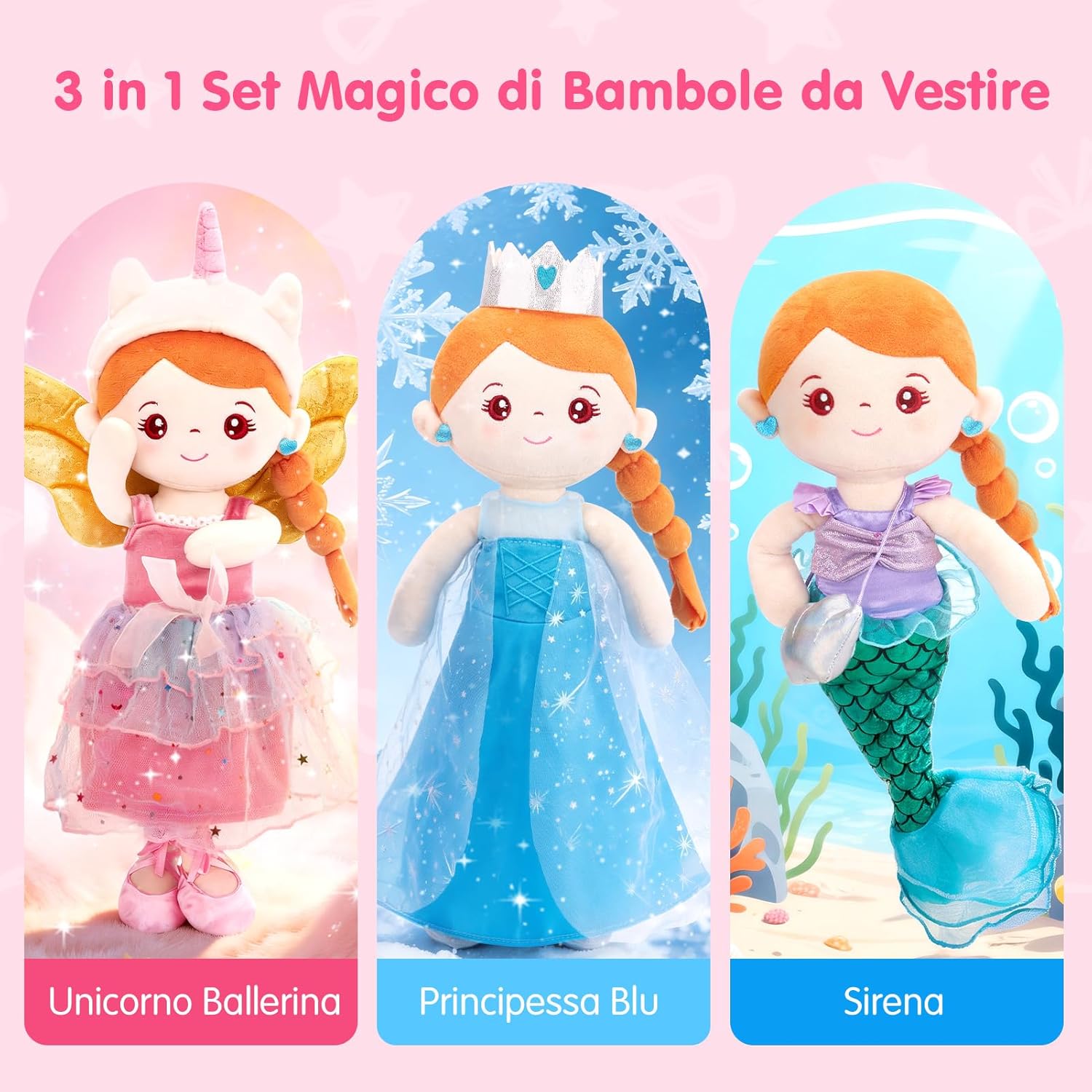 Thumbnail 1 de hahaland Regalo Bambina 3 in 1: Set Vestire la Bambola con Peluche, Borsa e 3 Abiti (3–6 Anni)