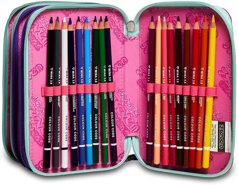 Detalle de Seven Trousse à crayons à 3 compartiments XXL Girl (12,5 x 20 x 7 cm) avec stylos et fournitures