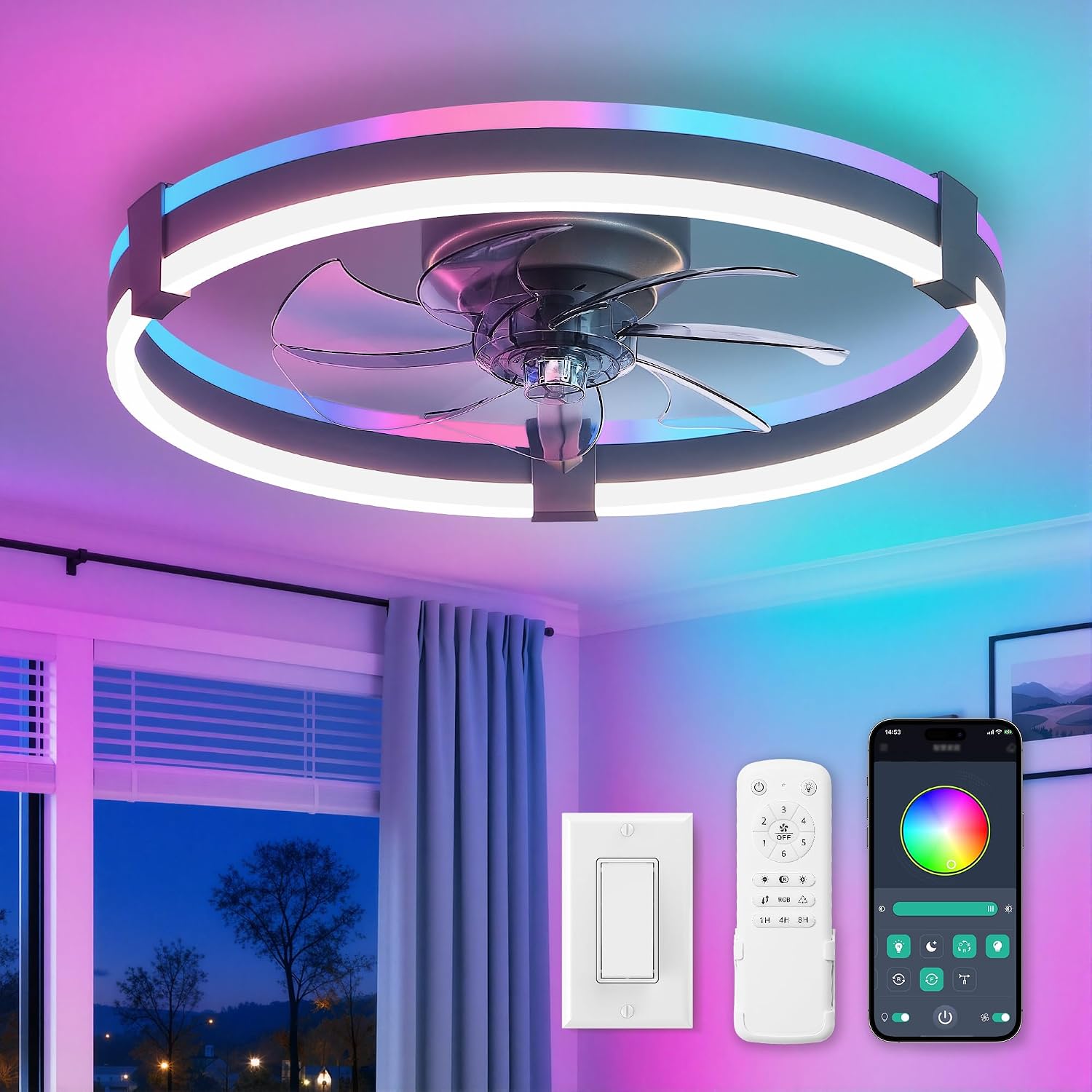 Detalle de ZMISHIBO 20-Inch Low-Profile Ceiling Fan with RGB Lights and Remote