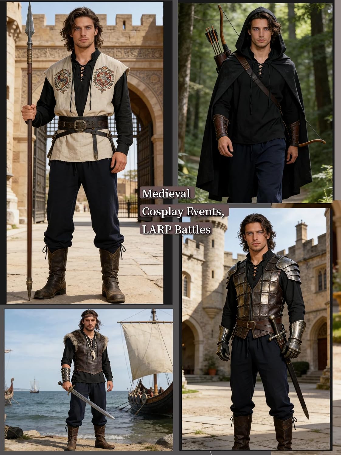 Detalle de Men's Pirate Renaissance Costume, 8-Piece Set with Lace-Up Shirt and Sash
