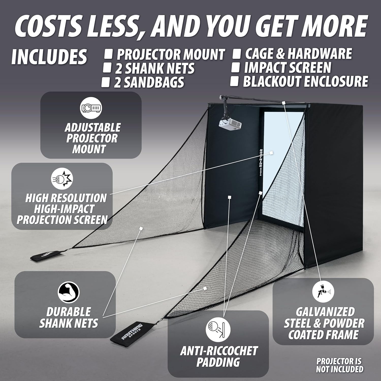 Detalle de Complete Golf Simulator Enclosure Package — 4K-Ready Impact Screen, Blackout Cage, and Projector Mount