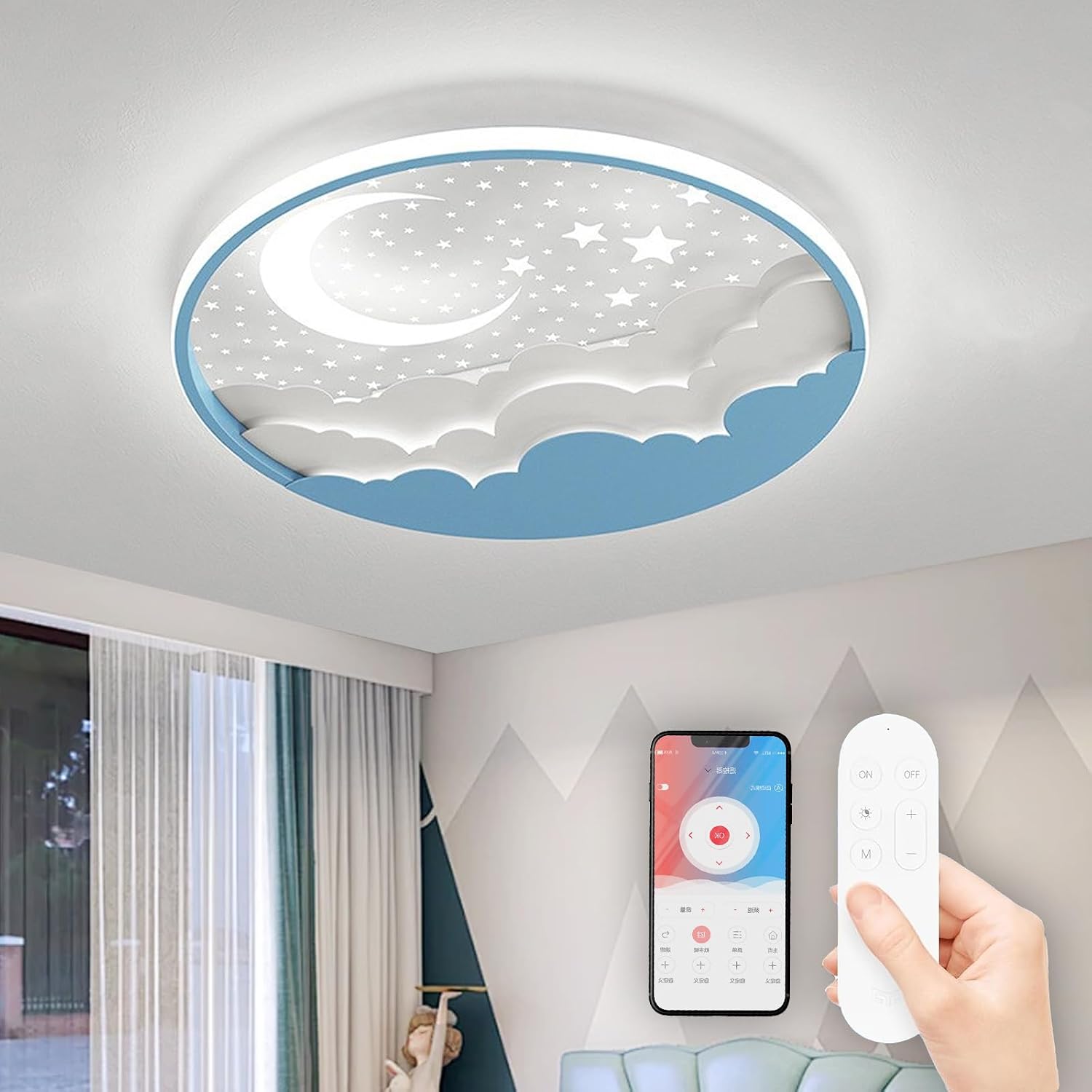Detalle de Plafoniera Cameretta Bambini Star Moon: LED dimmerabile con telecomando, design stellato in acrilico Blu